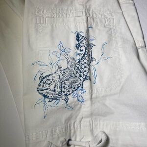 Cropped Drawstring Hem Capris with Subtle blue koi fish print White 8 Petite